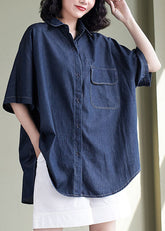 Marineblaues Patchwork-Jeanshemd mit Peter-Pan-Kragen